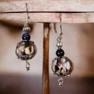 Beaded Earrings in Brown, Ivory and Black with Silver Backing NEW